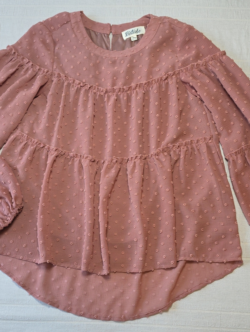 Listicle Swiss Dot Tiered Babydoll Blouse Dusty Rose Balloon Sleeve XS